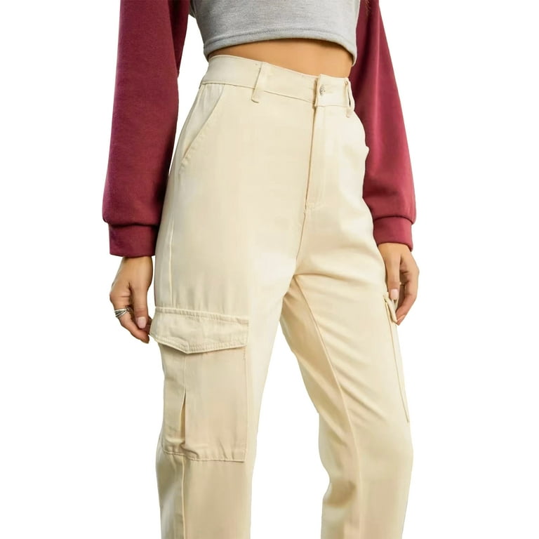 High Waist Cargo Trousers Solid Color Multi Pockets Yoga Pants