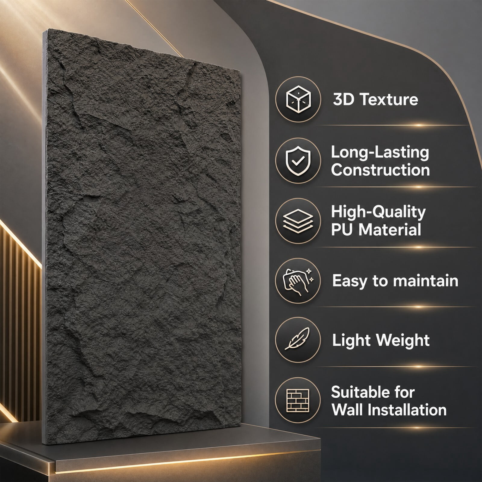 Plank & Hue 4Pcs 48"x24" 3D Faux Stone Wall Panels, Imitation Stone Wall Décor Wainscot Panel Board for Interior Accent Walls, Carbon Gray