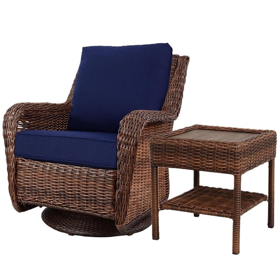 Krikacy Swivel Rocking Chairs with End Table All-Weather HDPE Hand-Woven Rattan for Patio Deck,Blue