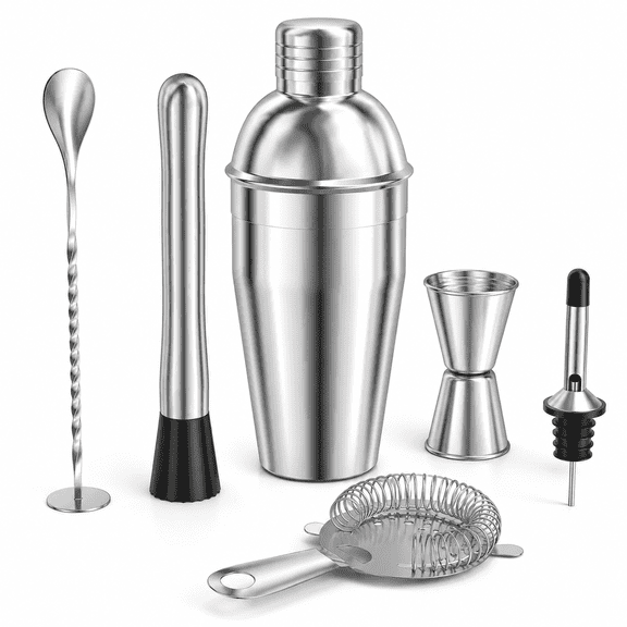6 PCS Cocktail Shaker Set, 25oz Shaker, Strainer, Muddler, Jigger, Mixing Spoon, Pour Spout, Stainless Steel Bartender Kit, Perfect for Home, Bar, or Gift