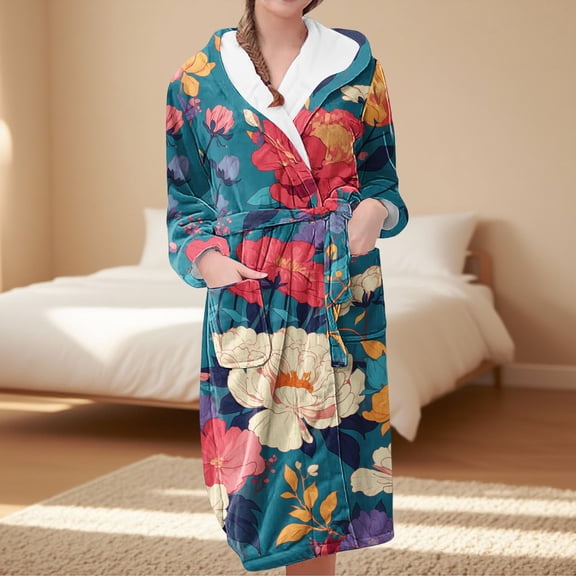 MVRLSH Robes For Women Warm Fleece Plush Robe Long Sleeve Printed Bathrobe Loungewear With Pockets Classic Elegant Red M-3Xl