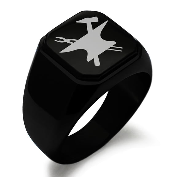 Stainless Steel Hephaestus Greek God of Blacksmith & Fire Engraved Square Flat Top Biker Style Polished Signet Ring