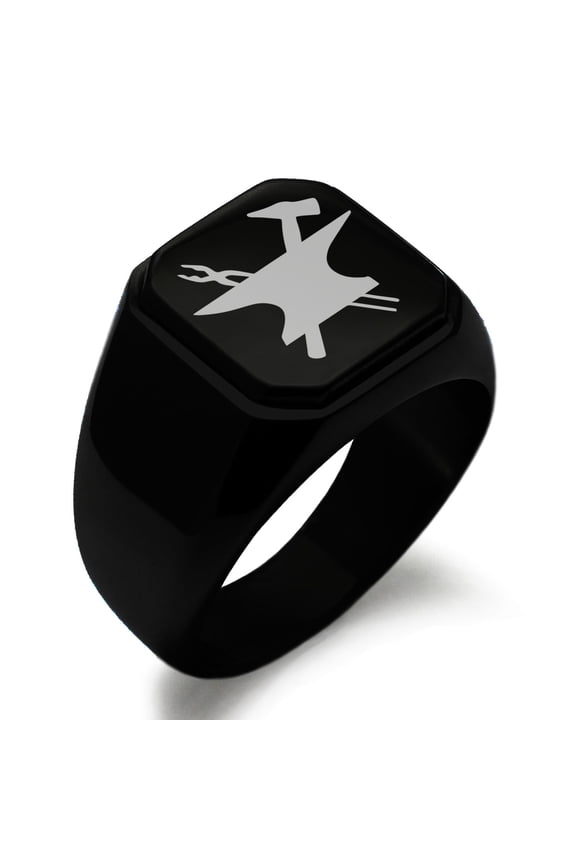 Stainless Steel Hephaestus Greek God of Blacksmith & Fire Engraved Square Flat Top Biker Style Polished Signet Ring