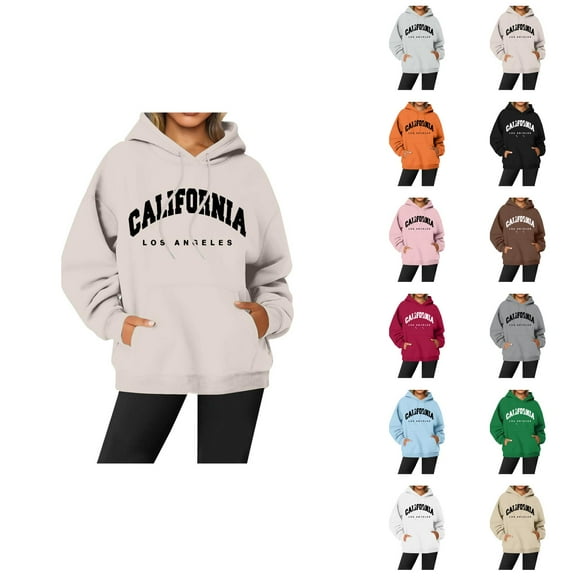 California Los Angeles Hoodies for Women Fall Winter Long Sleeve Graphic Hooded Sweatshirt with Pockets Pullover Tops