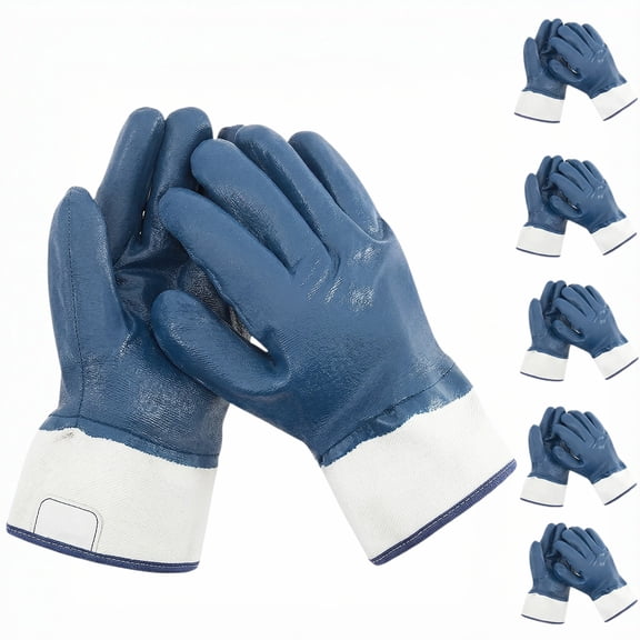 Lsupdaol Heavyweight Fully Coated Chemical Resistant Waterproof Nitrile Cotton Work Gloves, 5 Pairs, Blue, One Size