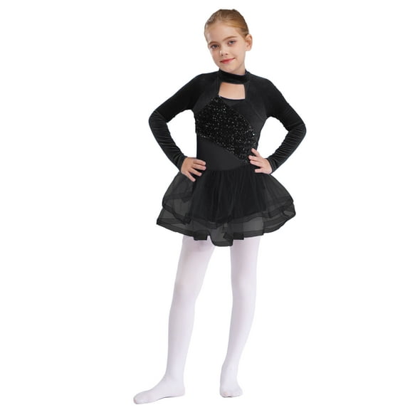 Miutii Girls Long Sleeve Ballerina Dancewear Ballet Dance Dress Sequin Tutu Skirted Leotard Black 6