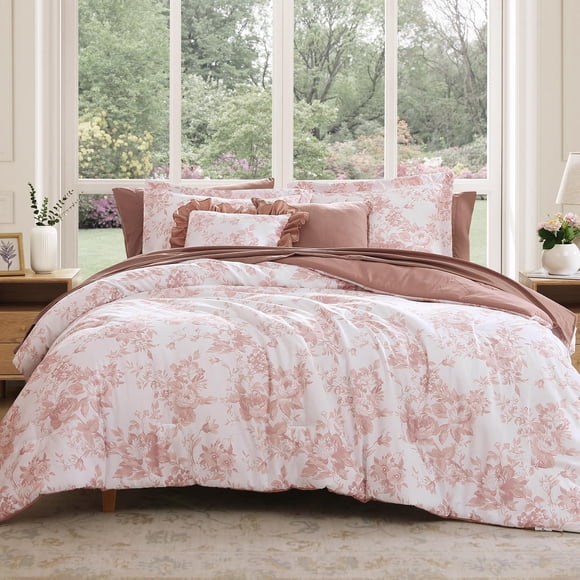 Juego de cama BLOOMHAVEN Queen de 7 piezas con edredón floral rosa
