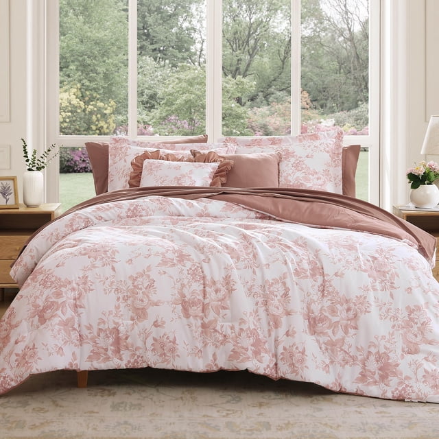 Juego de cama BLOOMHAVEN Queen de 7 piezas con edredón floral rosa