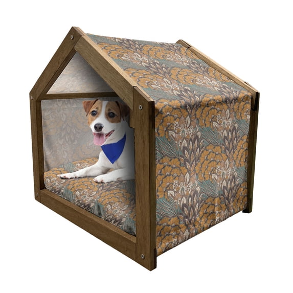 Floral Pet House, Pattern of Flowers and Peacock Feathers Floral Arrangement Art, Outdoor & Indoor Portable Dog Kennel with Pillow and Cover, 5 Sizes, Petrol Blue Pale Coffee, by Ambesonne