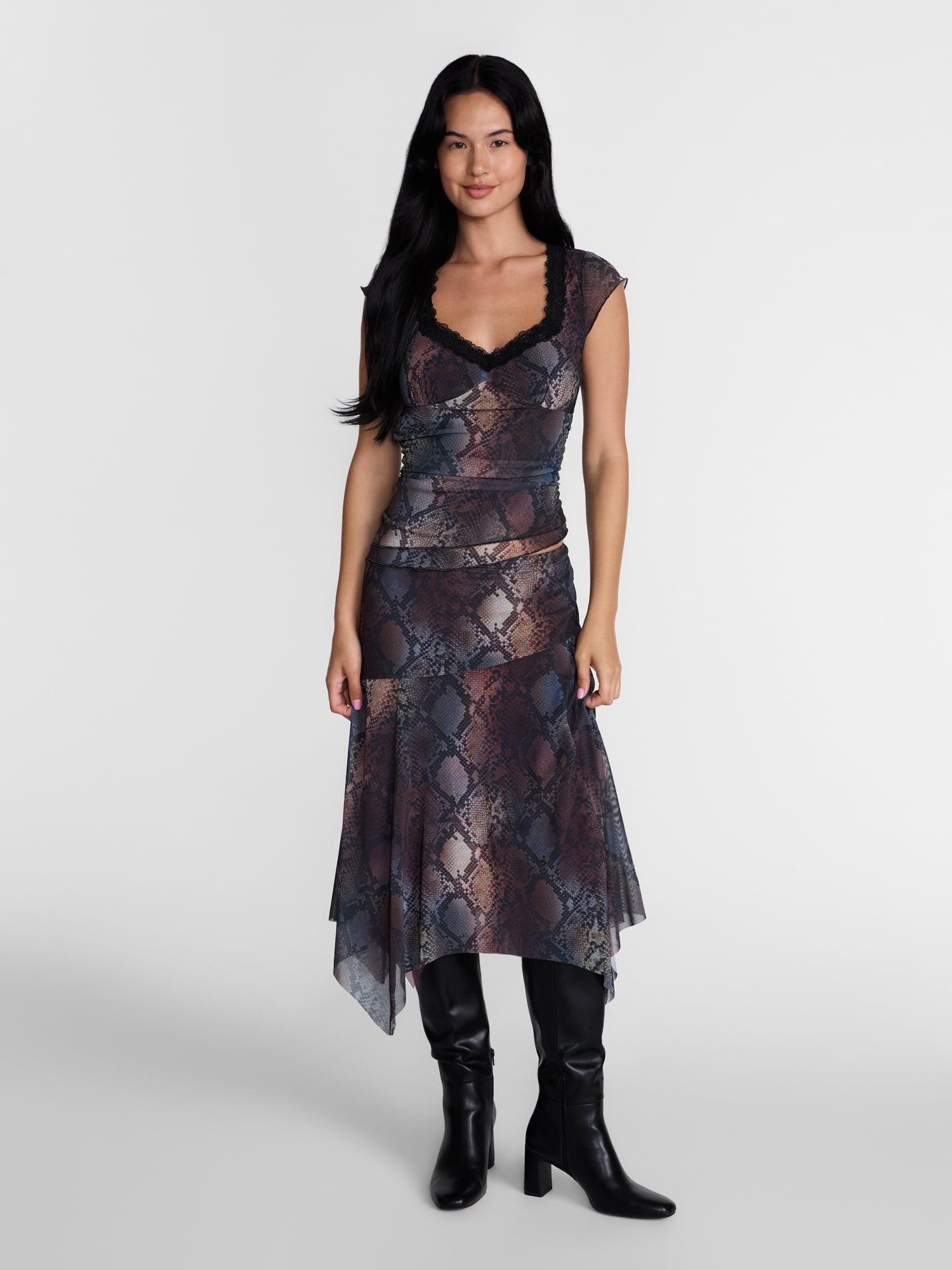 Madden NYC Women’s Asymmetrical Lace Top with Cap Sleeves, Sizes XXS-XXL