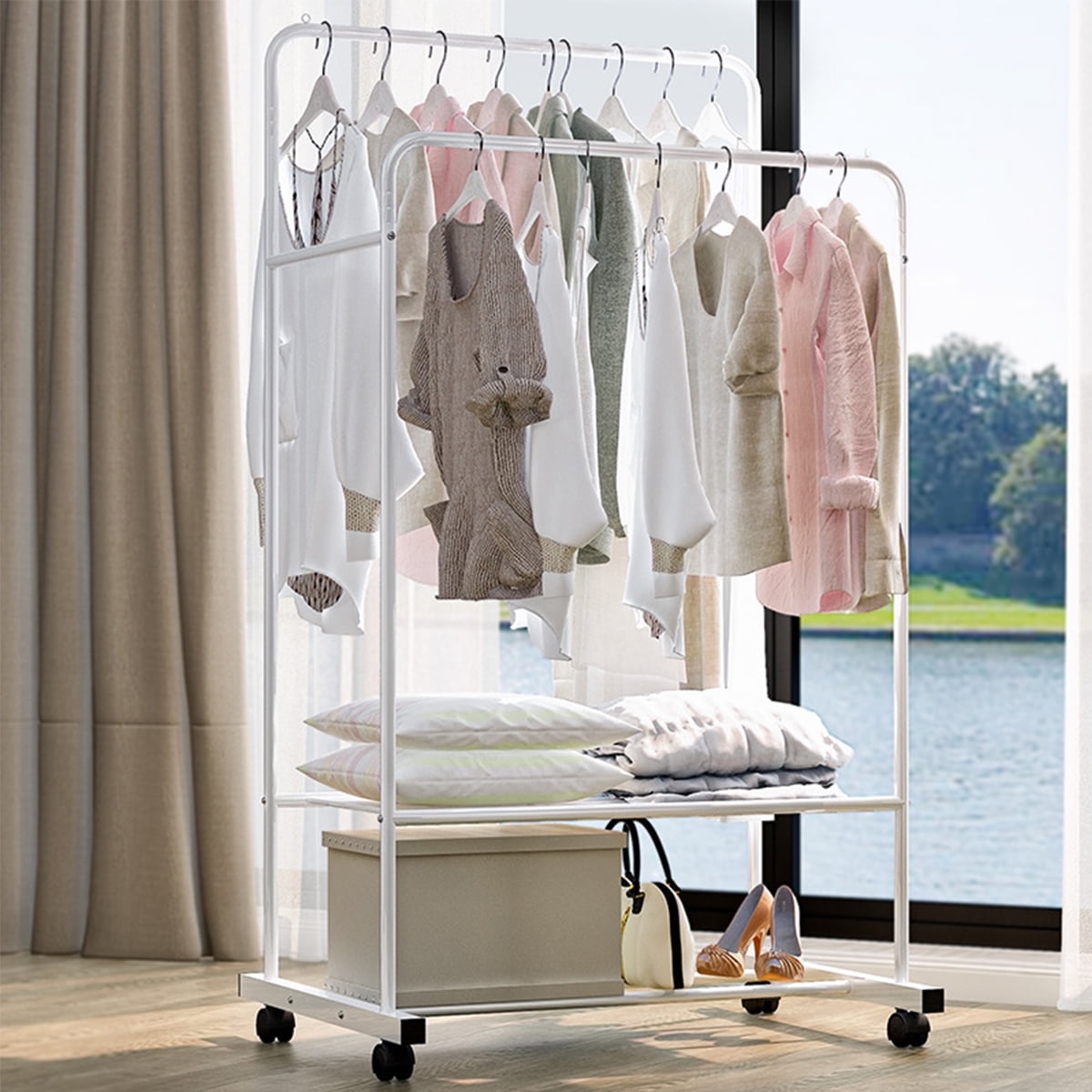 Metal Garment Rack Coat Rack Stand Dual Rail Hanging Coat Shelf Closet