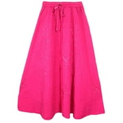 Mogul Women's Flirty Skirt, Pink Floral Embroidered Rayon Long Skirts