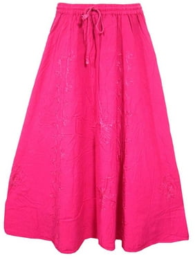 Mogul Women's Flirty Skirt, Pink Floral Embroidered Rayon Long Skirts