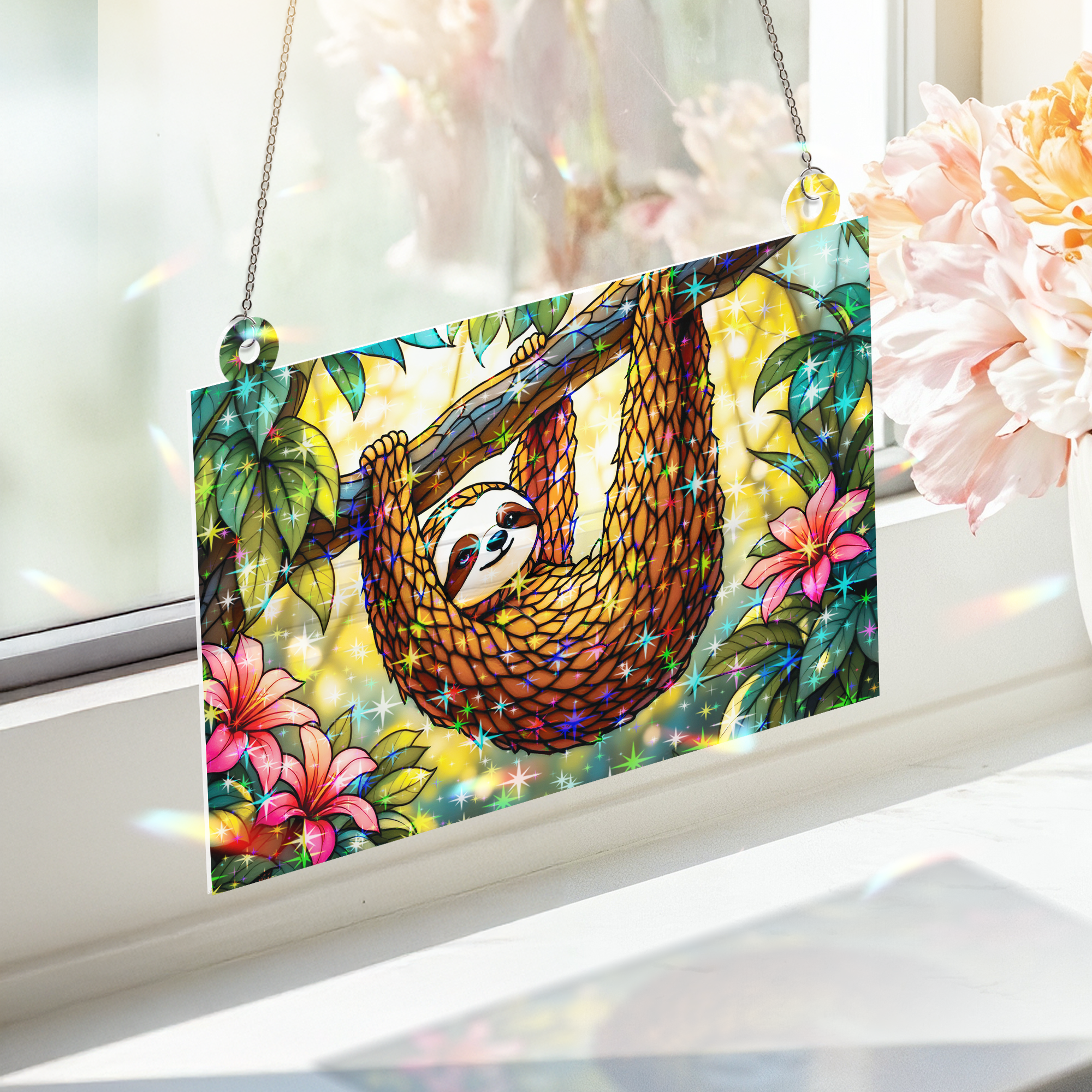 89Bloom Sloth Stained Glass Hologram Ornament, Stained Glass Suncatcher Ornaments Home Decor, Holographic Ornaments