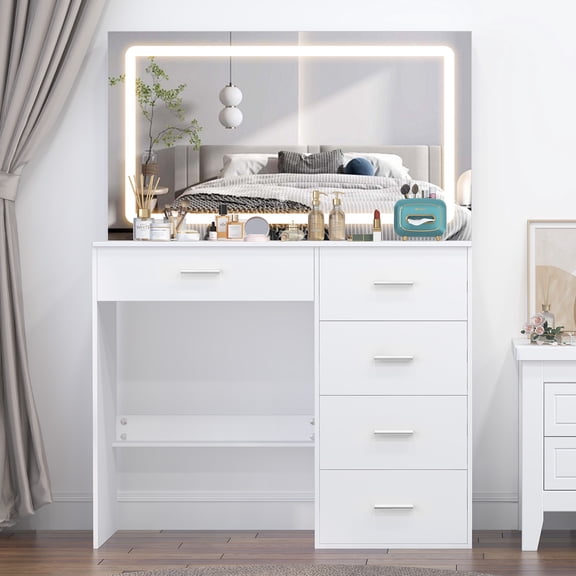 Teousev Makeup Vanity with Lighted Mirror, White Compact Vanity Desk, Large 31.5" LED Mirror, 5 Drawers Table for Women