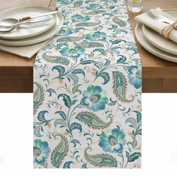 Abstract Paisley Pattern Table Runner 13 x 48 Inch, Retro Green Ethnic Flower Washable Cotton Linen Dining Table Runner Tabletop Decorations for Restaurant Home Kitchen Party