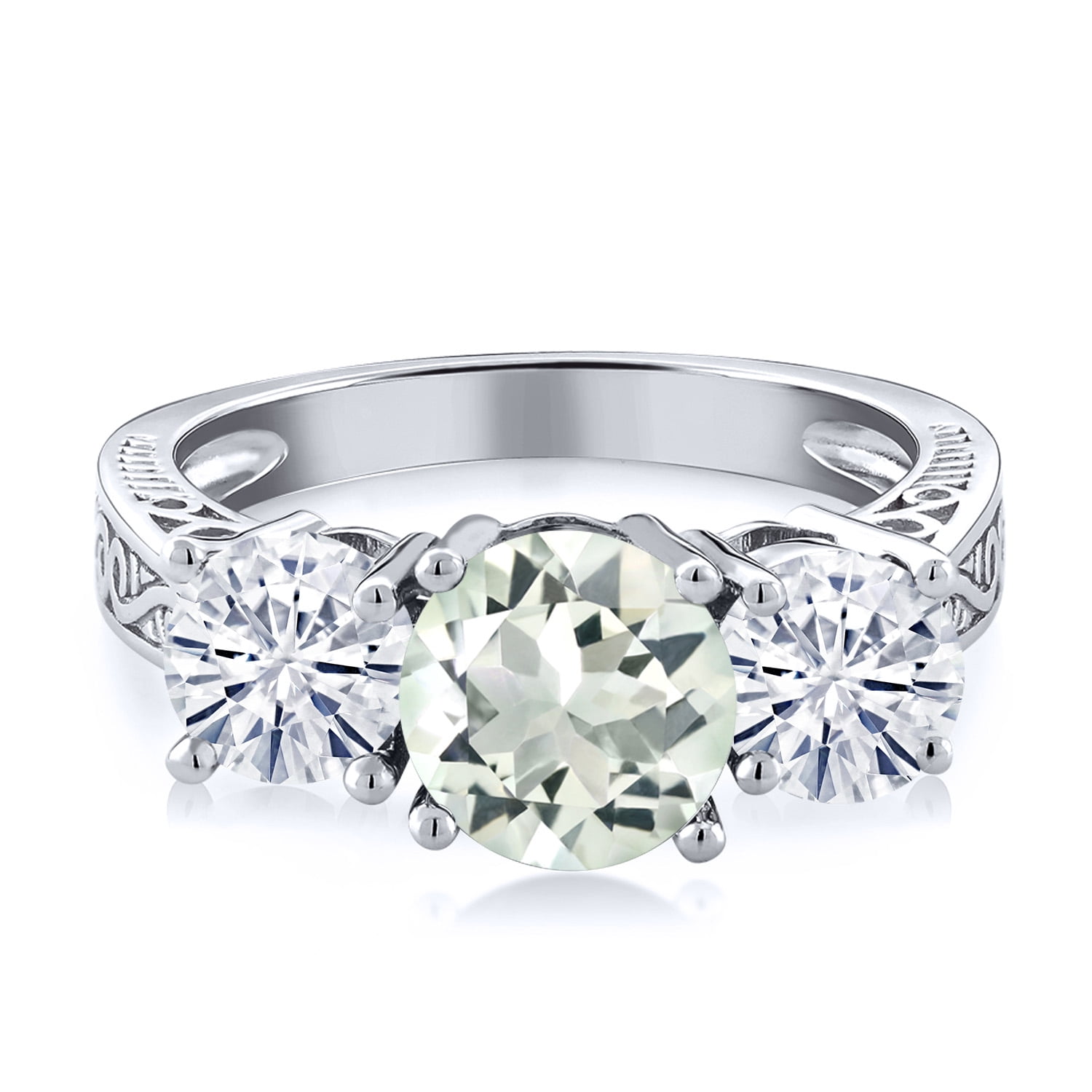 Gem Stone King 925 Sterling Silver 3-Stone Ring Round Green Prasiolite and Moissanite 2.10cttw