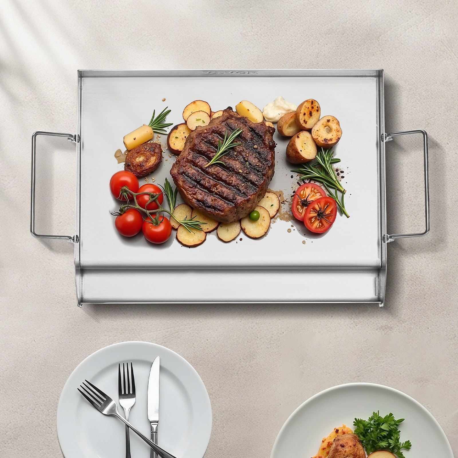 Stainless Steel Griddle 17x13 inch - Universal Flat Top Grill Plate for BBQ, Teppanyaki, Camping & Tailgating - Portable Cookware with Handle