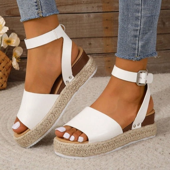 PiGOGI Women's Non Slip Wedge Sandals Open Toe Adjustable Ankle Strap Woven Espadrille Sole Plus Size Summer Beach White 43