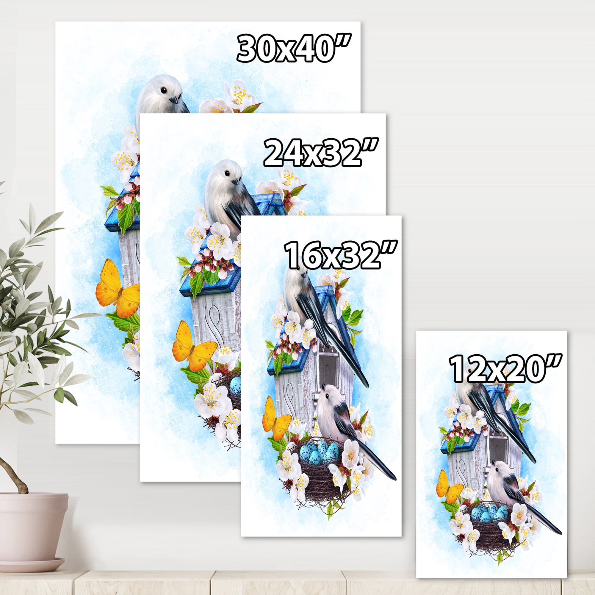 Two Tit Birds Sitting Near The Nest With Eggs and White Flowers II 16 in x 32 in Painting Canvas Art Print, by Designart