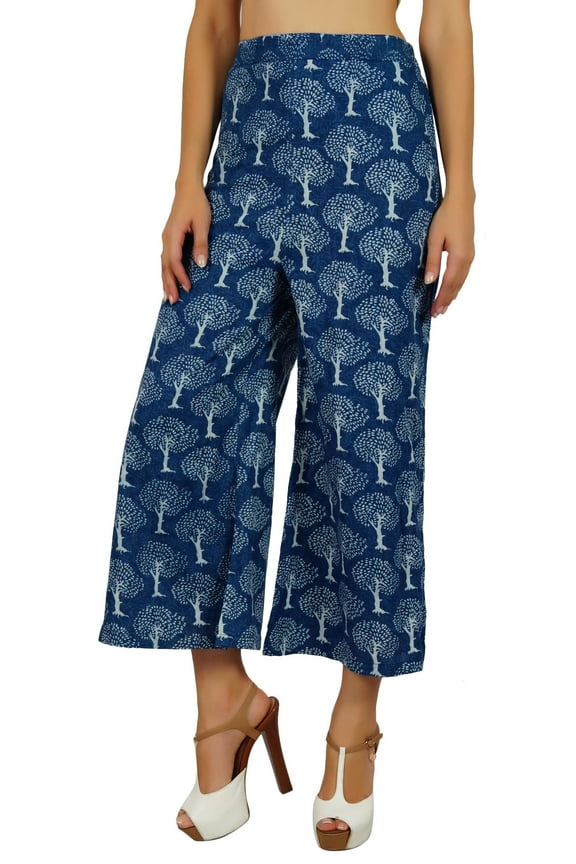 Womens Cotton Palazzo Pants Back-Elastic-Waist Hand-Blocked Designer Pajamas Blue