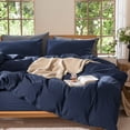 thumbnail image 7 of MooMee 100% Washed Cotton Duvet Cover Set Queen Size Linen Like Textured Breathable Lightweight 3-Piece (Solid Navy, 90"x90"), 7 of 7