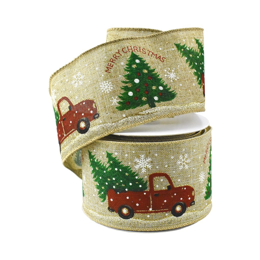 RED PICKUP TRUCK Burlap Christmas Ribbon by Country House 2" by 10 Feet 