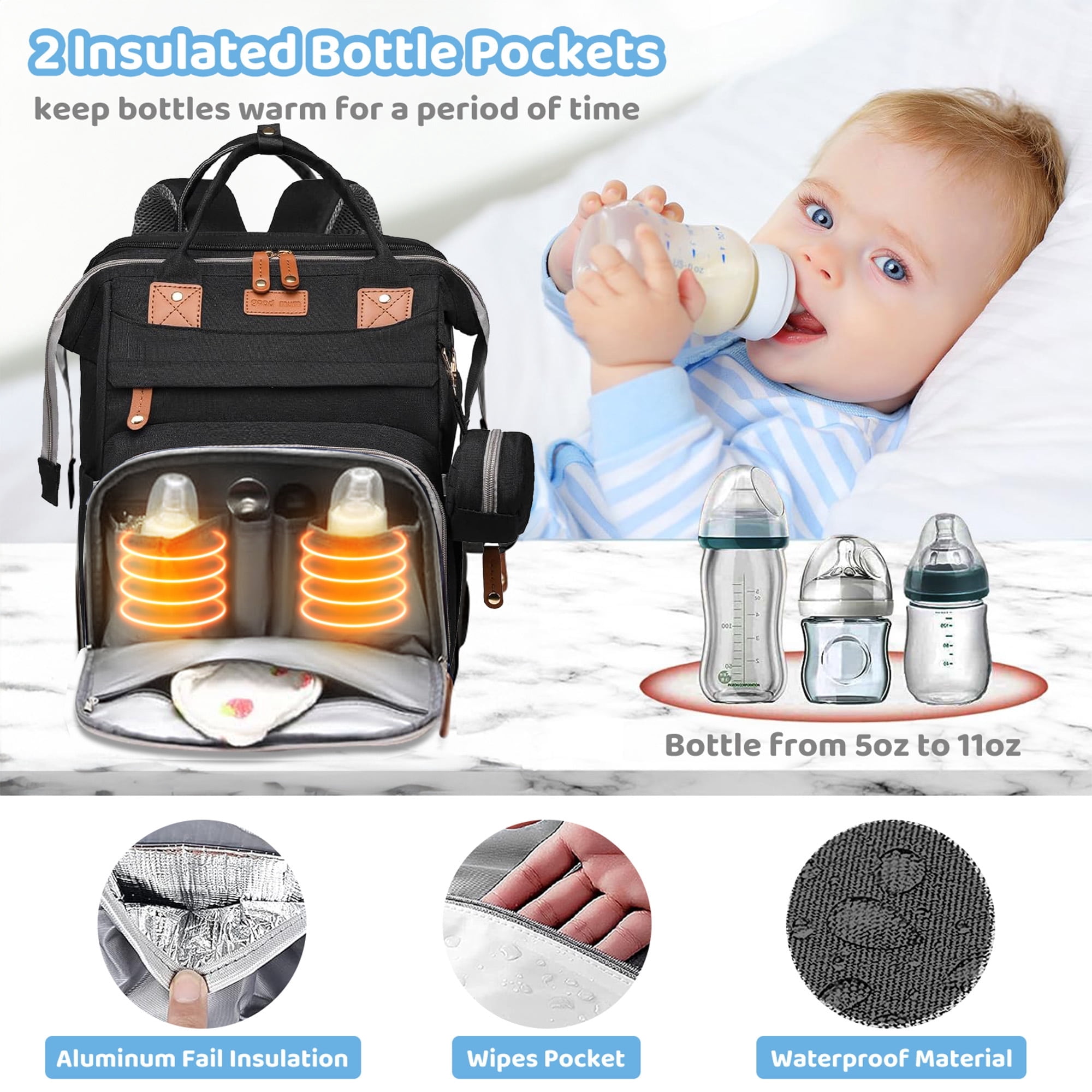 Anoak Baby Diaper Bag Backpack with Changing Station, Large Capacity Baby Bag, Waterproof Travel Backpack with USB Charging Port, Stroller Straps , Baby Shower Gifts