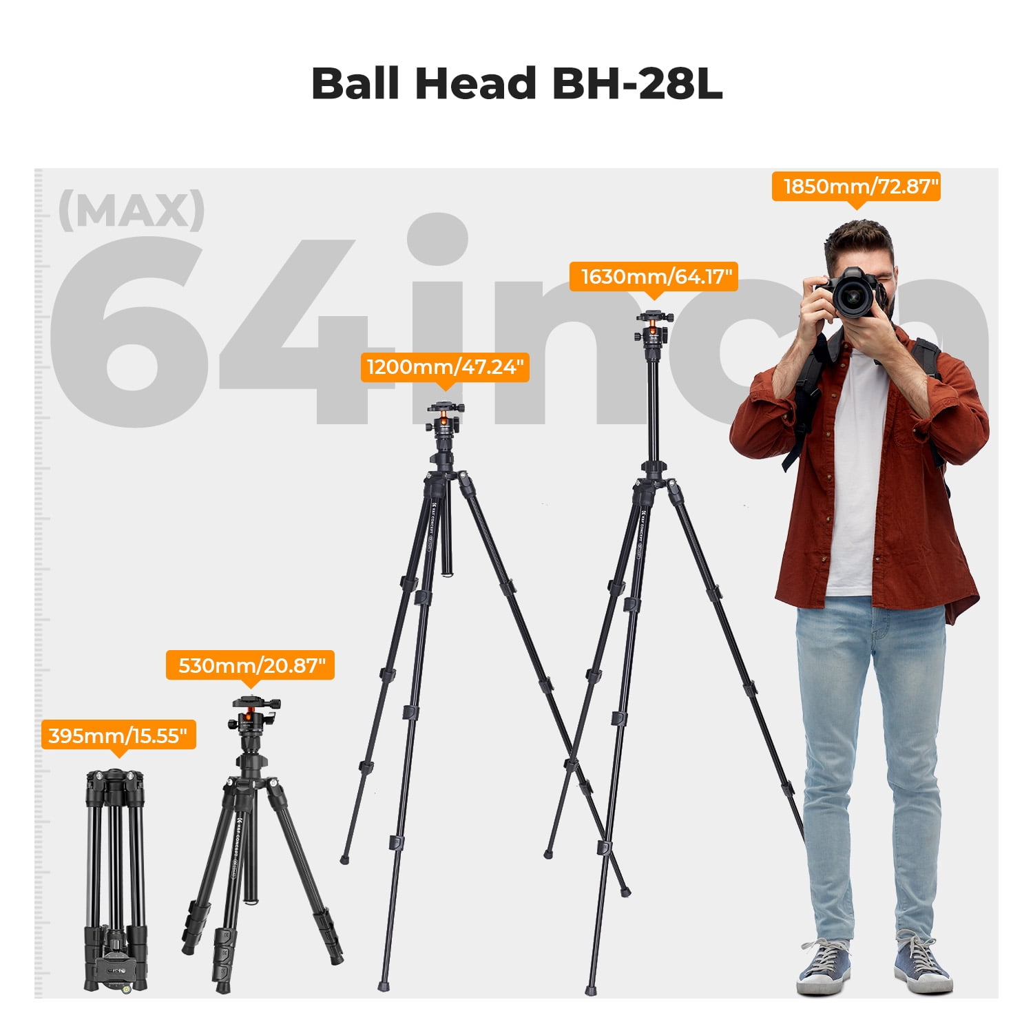 K&F Concept 63.8"/1.63m Aluminum Camera Tripod for DLSR Camera,22lbs/10kg Load Travel Tripod with Bag, 360 Degree Ball Head, Mobile Phone Clip