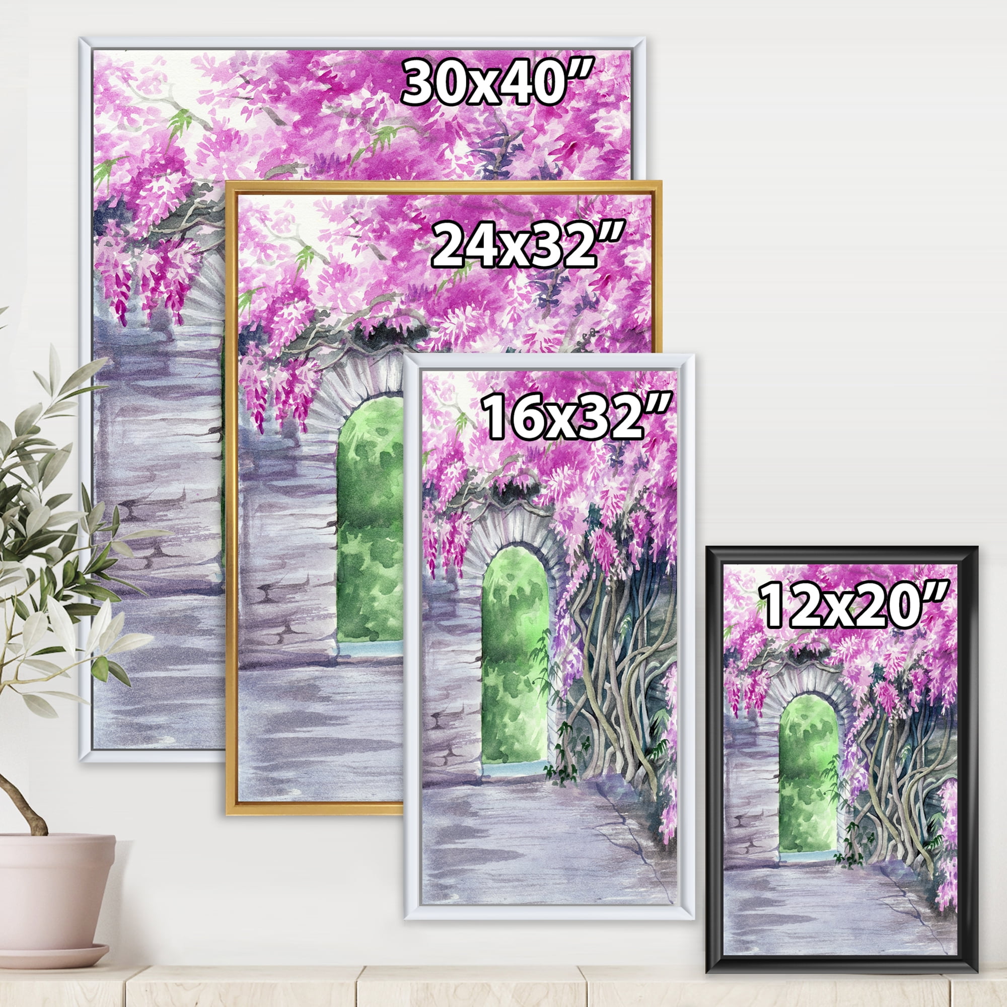Designart 'Blossoming Purple Wisteria Garden Over The Wall' Traditional Framed Canvas Wall Art Print
