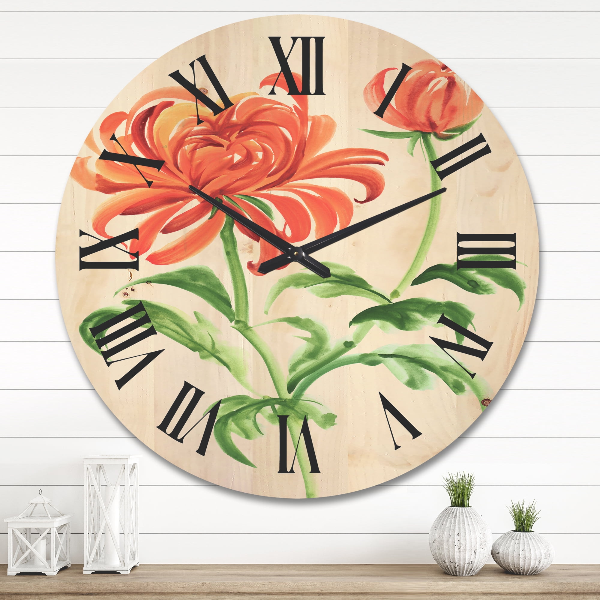 Designart 'Ancient Orange Chrysanthemum Flower' Traditional Wood Wall Clock