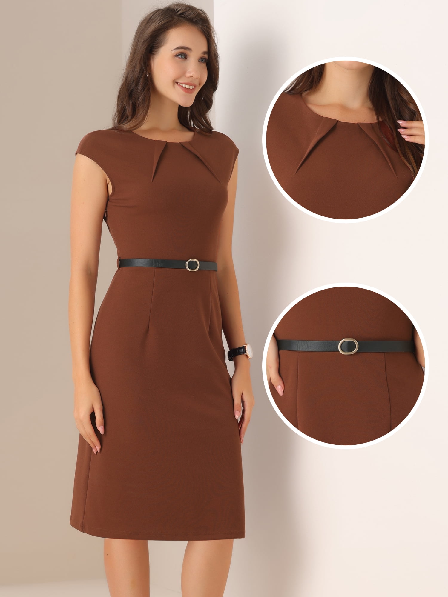 DARING DIVA Elegant Round Neck Cap Sleeve Belted Work Sheath Dresses M Brown