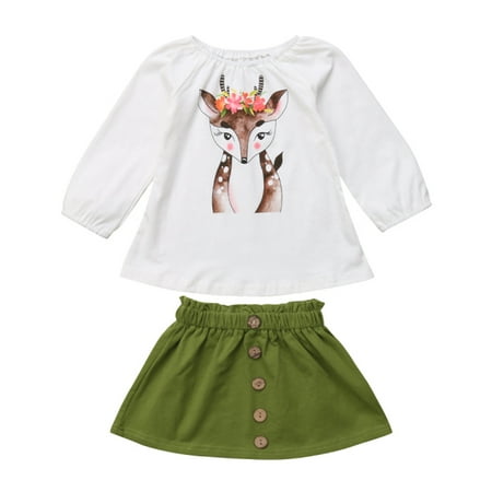 

Toddler Baby Girls Long Sleeve Fox Floral Tshirt With Button Down A-Line Skirt 4-5 Year