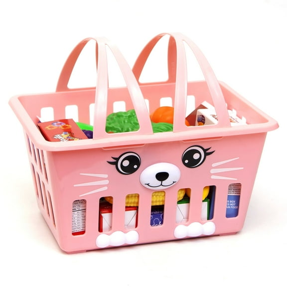 Zoo Troop: Bunny Basket - Pink Basket Playset With 16 Pcs Of Play Food & 7 Pcs Food Boxes, Kitchen Pretend Play, Toy Kids Ages 2