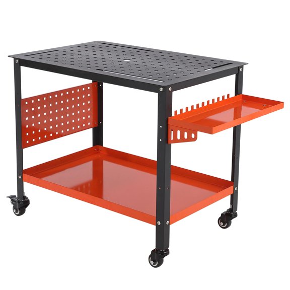 Welding Table,Workbench Table with Side Tray Handles,600Lb Load Capacity Steel Welding Workbench Table on Wheels,36" X 24" Portable Work Bench with Double-Layer Storage Board,5/8-inch Fixture Holes