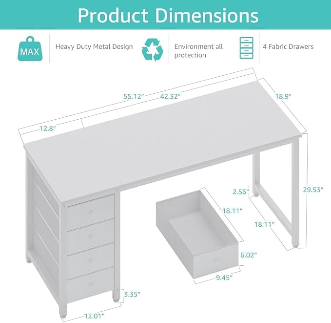Lufeiya White Computer Desk with Drawers - 55 Inch Long Study Work Writing Desk for Home Office Bedroom, Simple Modern Cute PC Desks with Fabric Drawer, White