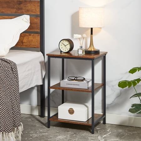 VECELO 3-Tier Side Table With Wood Storage Shelf, Industrial Nightstand Sofa End Table Storage Display Shelf for Living Room Bedroom Small Spaces, Brown