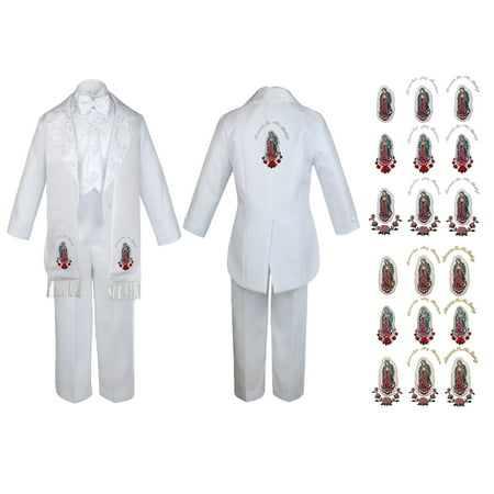 

Baby Boy Teen Baptism Formal White Tail Suit Silver Gold Maria on Stole & Back Sm-20