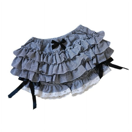 Women Lolita Ruffled Pumpkin Shorts Pants Retro Plaid Print Sweet Bow Bloomers Multi Layered Lace Trim Safety Underpants