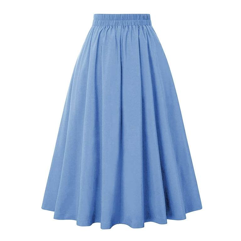 YODETEY Women Plus Size Clearamce Long Half Length Skirt Solid Pleated Loose Hem Light Blue