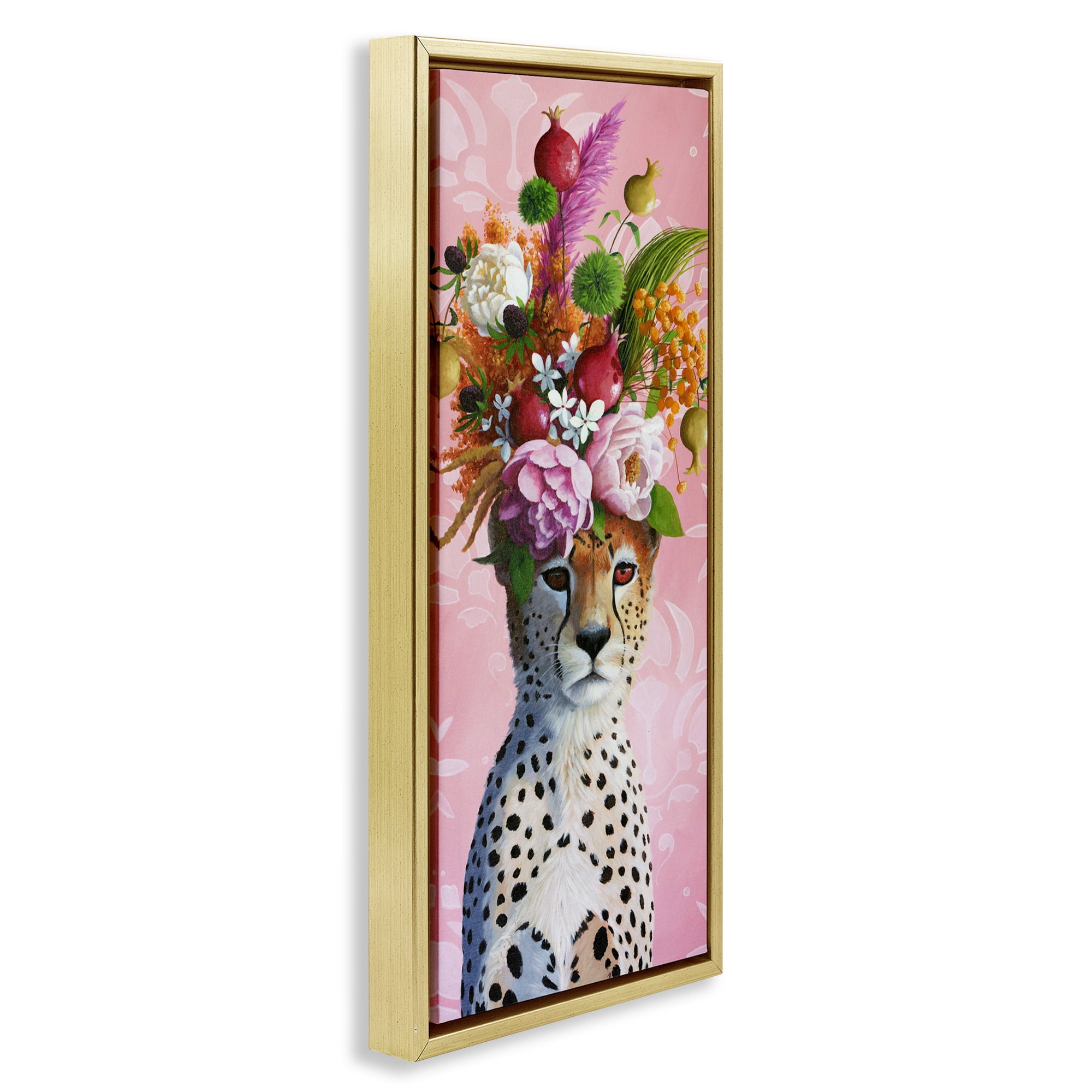 Serious Cheetah & Florals Gold Framed Floater Canvas Wall Art, design by Heather Gauthier