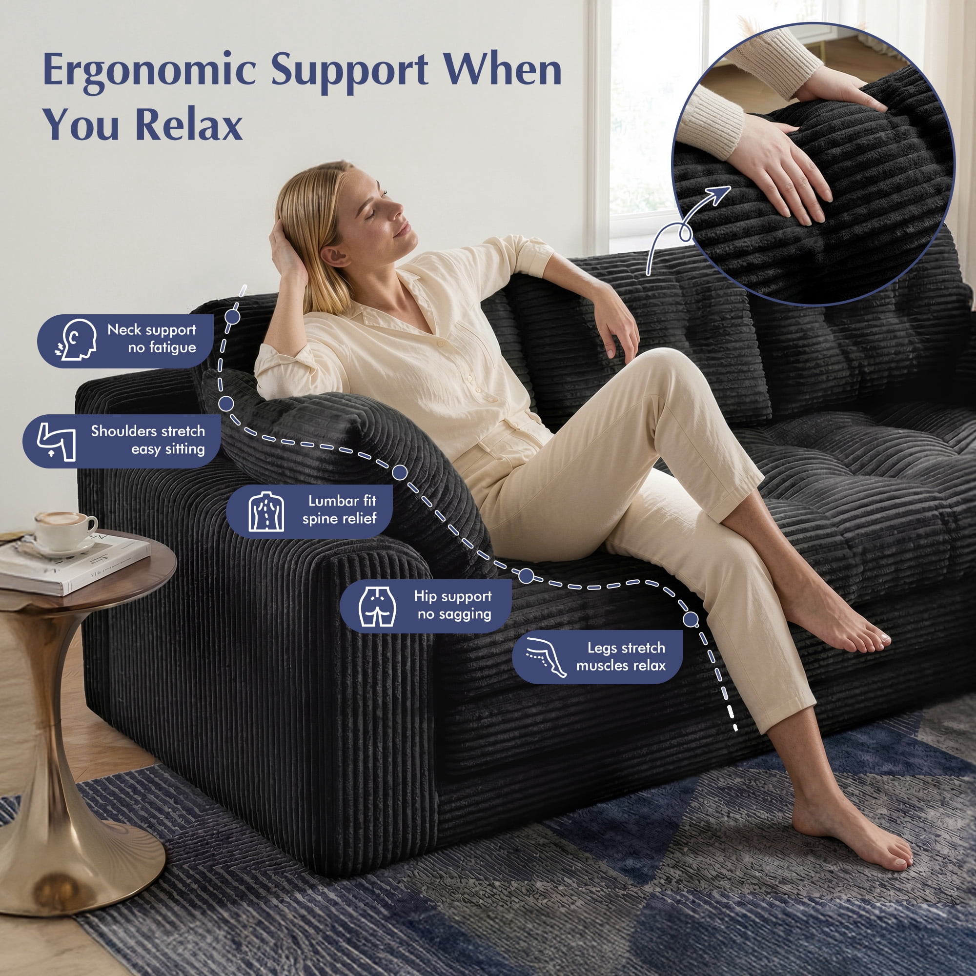EnHomee 74.8" Foldable Sofa for Adult 3 Seater Sofa Bed Couch with Deep Seat Adjustable Floor Sofa Couch with 5 Pillows,Black