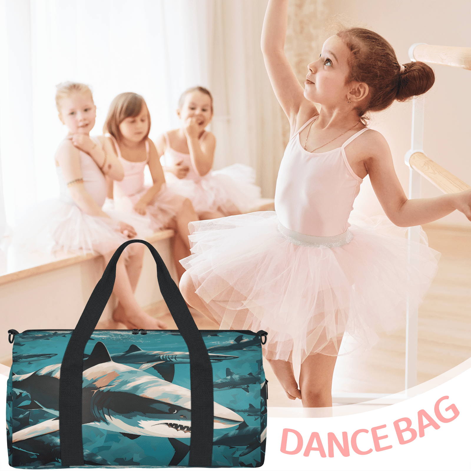 Herdesigns Shark Fish Gym Bag for Women, Duffle Bag for Travel Sport, Lightweight Waterproof Carry on Weekender Overnight Dance Yoga Workout Bags