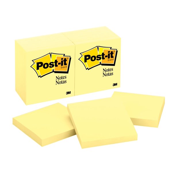 Postit Notes, 3" x 3", Canary Yellow, 100 Notes/Pad, 12 Pads/Pack