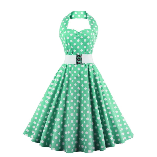 Vestidos Para Mujer Vestidos Casuales Sin Mangas Cuello Redondo Retro Estampado de Lunares Cinturón de Cintura Alta Cuello Halter Vestido Sin Espalda Odeerbi ODB149624