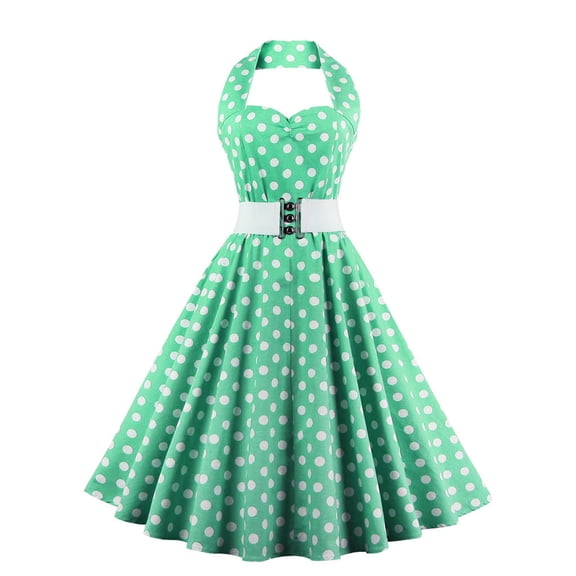 Fesfesfes Women Dress Sleeveless Round-Neck Retro Polka Dots Printing High Waist Belt Halter Neck Backless Makings Dress