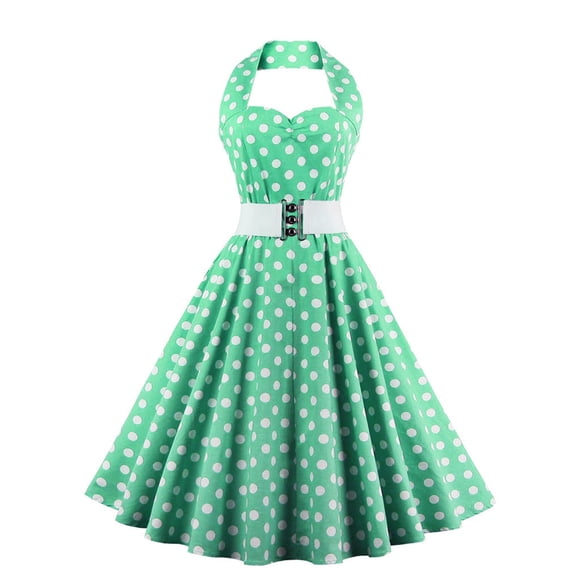 Vestidos Para Mujer Vestidos Casuales Sin Mangas Cuello Redondo Retro Estampado de Lunares Cinturón de Cintura Alta Cuello Halter Vestido Sin Espalda Odeerbi ODB149624
