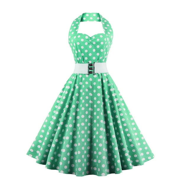 Vestidos Para Mujer Vestidos Casuales Sin Mangas Cuello Redondo Retro Estampado de Lunares Cinturón de Cintura Alta Cuello Halter Vestido Sin Espalda Odeerbi ODB149625