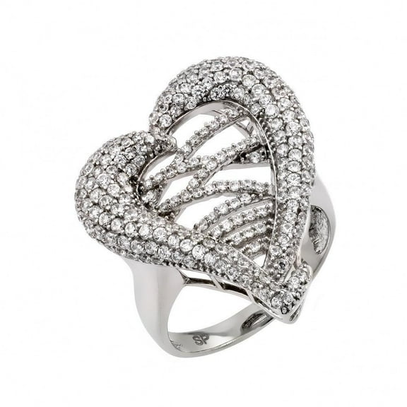 Rhodium Plated Sterling Silver 925 Micro Pave Clear CZ Heart Ring Band White Female Size 9