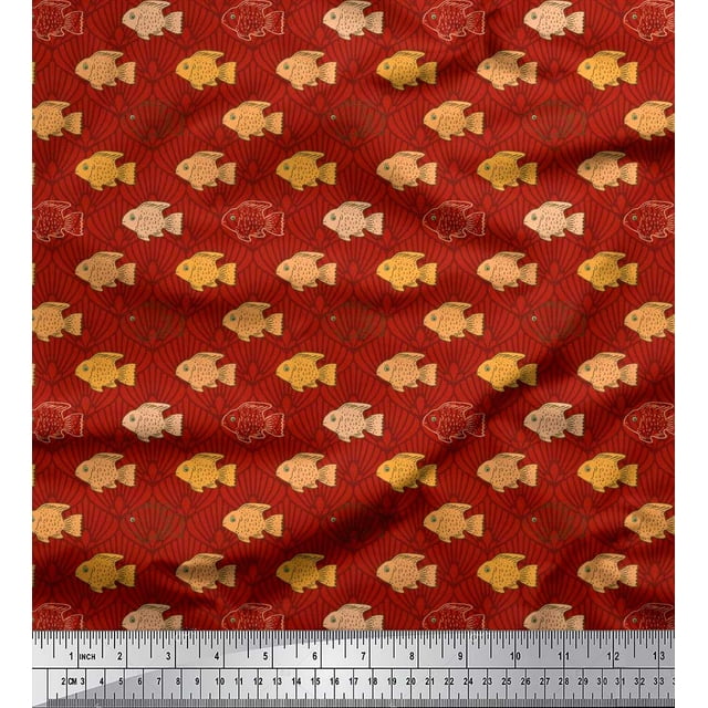 Soimoi Poly Georgette Fabric Fish & Shells Ocean Print Fabric by Yard 52 Inch Wide